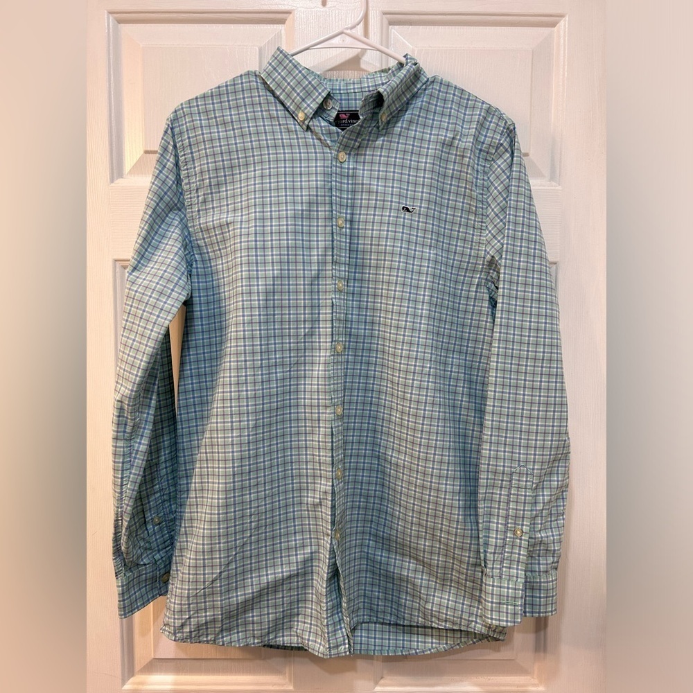 Vineyard Vines Performance Long Sleeve Whale Button Up Check Shirt Youth XL 18
